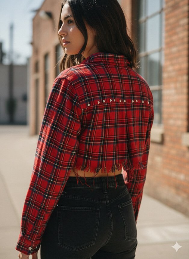 Mujer de espalda con camisa a cuadros